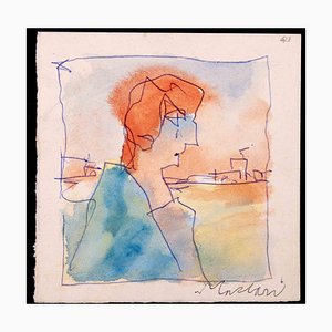 Mino Maccari, Portrait, Ink & Watercolor, 1980