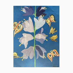 Claude Deschamps, Flowers and Butterflies, Tempera Painting, 1970s