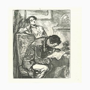 Paul Gavarni, Reading the News, Original Lithograph, 1881