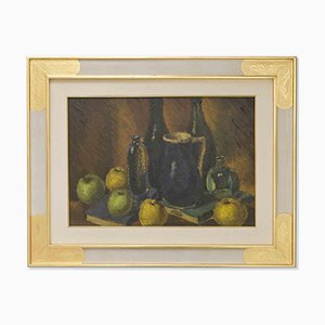 Still Life with Bottles and Books, Oil Painting, Mid-20th Century