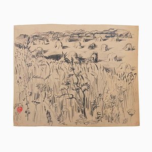 Suzanne Tourte, Country Scene, Ink & Pencil Drawing, 1940s