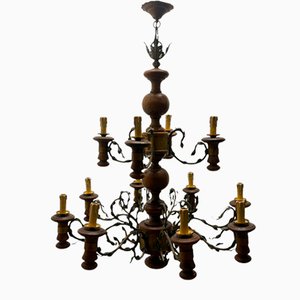 Großer Rustikaler Holz Kronleuchter aus Schmiedeeisen, 1960er