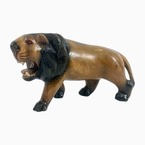 Figurine de Lion Vintage en Bois Sculpté, 1930s