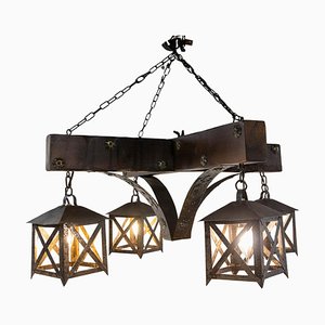 French Pendant in Oak ans Wrought Iron, 1960