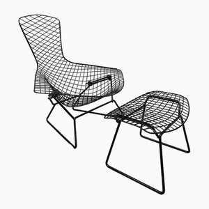 Sedia Bird vintage nera e poggiapiedi Harry Bertoia per Knoll, anni '60, set di 2