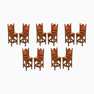 Gothic Revival Chairs in Brown Leather, Set of 10