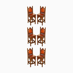 Gothic Revival Chairs in Brown Leather, Set of 6