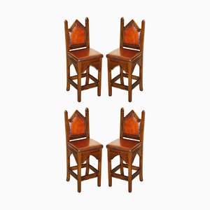Gothic Revival Chairs in Brown Leather, Set of 4