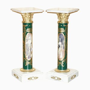 Royal Italian Carrara Marble and Enamel Painted Brass Pillars, Set of 2