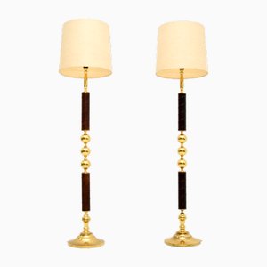 Vintage Swedish Leather Bound Brass Floor Lamps, 1970s, Set of 2