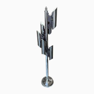 Space Age Italian Chromed Metal and Black Wood Floor Lamp in the style of Sciolari, 1970s