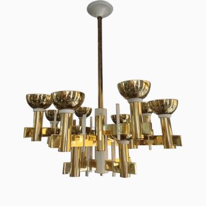 Mid-Century Modern Brass and White Painted Metal Chandelier, 1960s