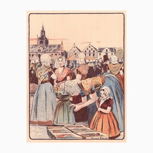 Fernand Piet, A Market in Zeeland, 1898 Litografía original