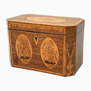 Georgian Mahogany Tea Caddy with Floral Inlaid Decoration, 1780s