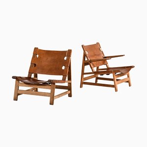 Set of Easy Chairs in Oak and Natural Grain Leather attributed to Børge Mogensen, 1960s