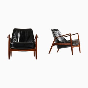 Set of Easy Chairs in Teak and Original Black Leather attributed to Ib Kofod-Larsen, 1950s
