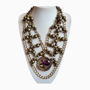 Vintage Runway Statement Beaded Diamanté Gold Purple Pink Necklace
