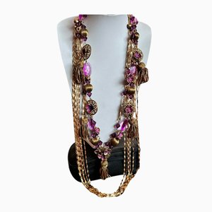 Vintage Runway Statement Acrylique Fleurs Roses Pourpres Perlé Long Collier