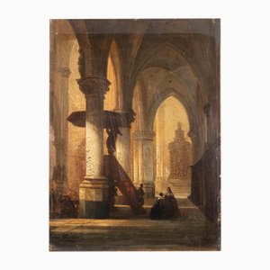 Jules Victor Génisson, Interior of Church, Oil on Board, Mid-19th Century
