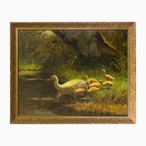 Ducks on the Waterfront, Oil on Linen, Early 20th Century