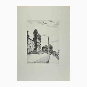 Giuseppe Malandrino, View of Trinità dé Monti, Etching, 1970
