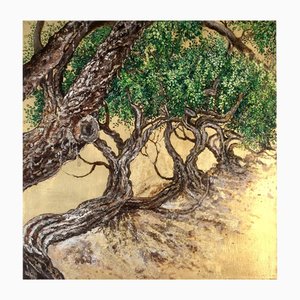 Anastasia Gklava, Mastic Trees Embrace, Oil & Gold Leaf Painting, 2021