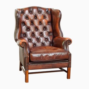 Chesterfield Wing Chair in Brown Cow Leather