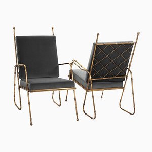 Fauteuils Mid-Century en Fer Doré et Faux Bambou en Velours Gris, France, 1980s, Set de 2