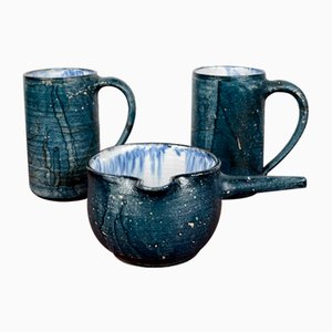 Vintage Brutalist German Studio Pottery Bowl and Mugs by Gerhard Liebenthron, 1984, Set of 3