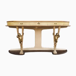 Console en Parchemin et Bois avec Angelots Dorés et Plateau en Verre par Associazione Artigiani Canturini Italia, 1950s