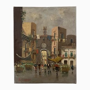 B. Ciappa, Place du village animée, Olio su tela