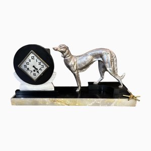 Art Deco Clock in Black and White Marble with Metal Greyhound and Rhomboidal Dial, 1930s