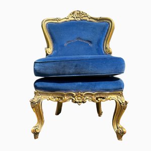 Antique Historicism Armchair in Blue Velvet with Gold Decorations