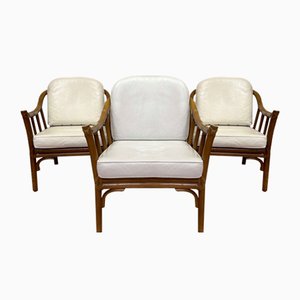 Armchairs in Rattan & White Leather by Hans Kaufeld for Mc Guire, Set of 3