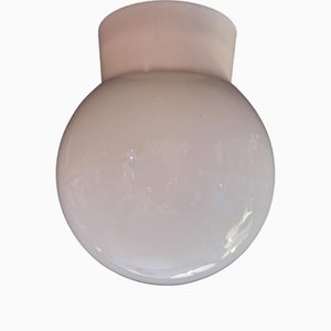 Mid-Century German Flat Ceiling Lamp with Cream White Plastic Base and Opaque White Spherical Shade by Robert Zimmermann, 1960s
