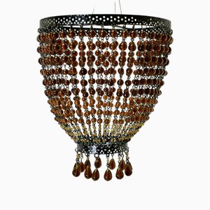 Amber Glass Beaded Lampshade Pendant Light, 1890s