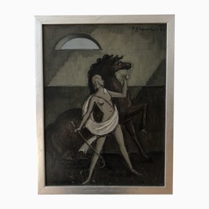 Emile Chambon, Femme avec cheval et lasso, 1968, Öl auf Karton, gerahmt