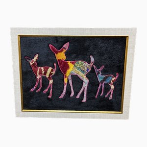 Handmade Deer Family Design Framed Wall Hanging, 1980s