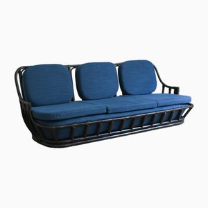 Dunkel lackiertes Manao Cane Wohnzimmer Set mit Ledereinbänden, 1980er, 3 . Set