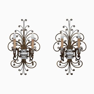Gilded Iron and Crystal Sconces attributed to Maison Baguès, 1950s, Set of 2