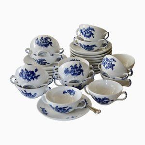 Vintage Blue Flowers Soup Bouillon Cup and Saucers from Royal Copenhagen, 1985, Set of 14