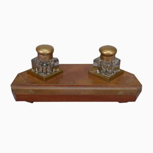 Art Deco Inkwell Wooden Support with Brass Inlay 2 Uraline Glass Inkwell, 1930s, Set of 3
