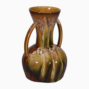 Ceramic Vase with 2 Hand-Painted Handles Sarreguemines Hawaiian Decor, 1970s