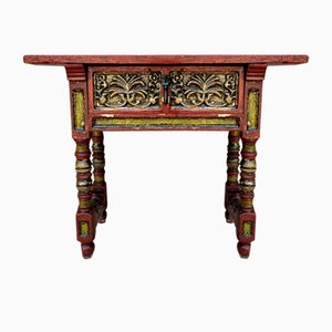 Red Lacquered Console Table with Gilt Accents and Carved Apron, 1940s