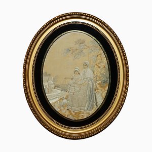 18th Century Oval Framed Silk Work Tapestry with Gold Gilt Frame