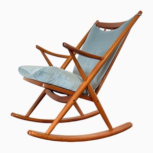 Rocking Chair en Teck avec Housse en Velours Mohair Bleu Glacé par Frank Reenskaug pour Bramin, Danemark, 1960s
