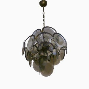 Vistosi Chandelier with 36 Faceted Amber Glass Discs, Italy, 1960s