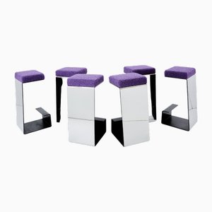 Vintage French Bouclé Bar Stools in Wrought Iron and Polished Steel, 1970s, Set of 6