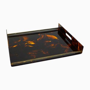 Large Faux Tortoiseshell Acrylic Glass & Resin Tray with Brass Sticks from Maison Mercier, 1970s