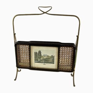 Porte-Revues Pliant Mid-Century en Laiton, Bois et Paille de Vienne, 1940s